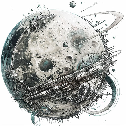 Biomechanical tattoo with moon and stars merging with futuristic elements