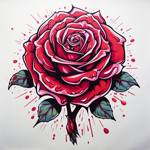 Large rose tattoo print, cartoonish style, red and pink, graffiti-influenced, royalcore, shiny, simple, sgrafitto