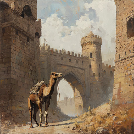 The camel at the gates of an old fortress, a bridge between modern life and ancient times.