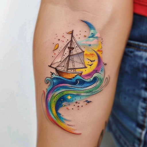 Boat sailing on vibrant and colorful rainbow sea