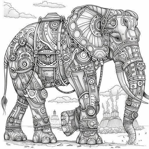 Steampunk elephant with gears and mechanical parts. Coloring book page