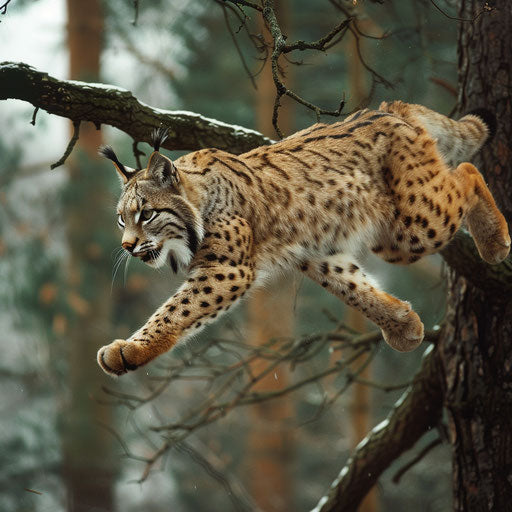 Lynx leaping from branch to branch