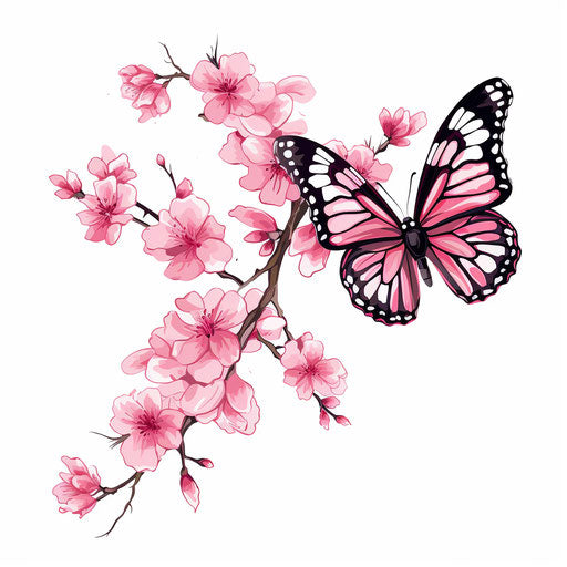 Pink butterfly with pink flower on a branch, stencil style, cherry blossoms