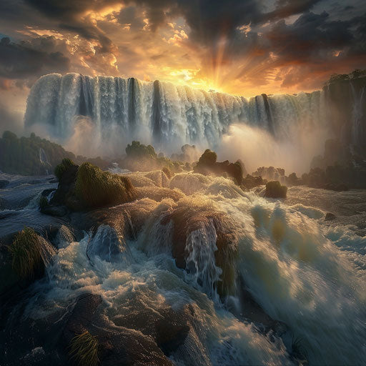 Iguazu Falls with powerful flow and moody ambiance in the style of Marc Adamus