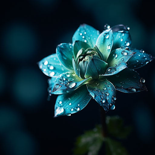 Water drop on flower, dark emerald and sky-blue style, dreamy symbolism