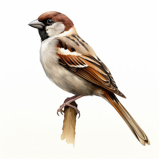 Sparrow drawing in the style of Chiaroscuro Art, on white background