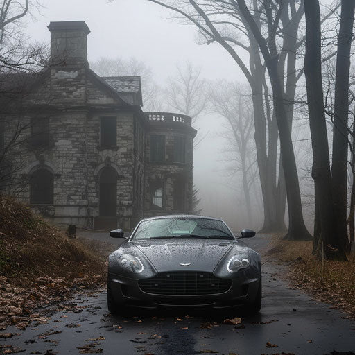Ghostly Aston Martin DB7 Zagato haunting a foggy, abandoned mansion driveway