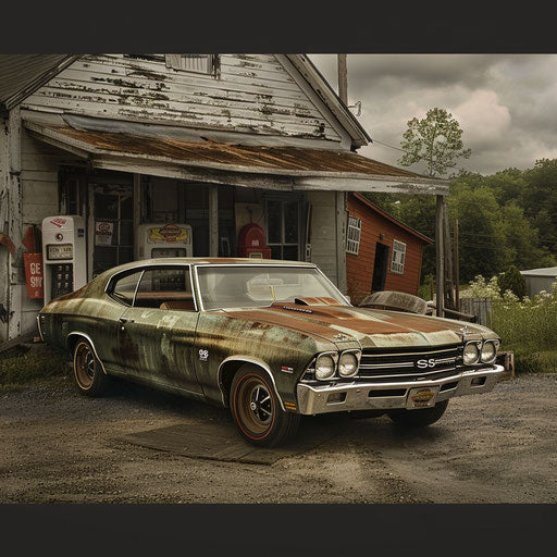 1969 Chevrolet Chevelle SS with a patina finish at a rustic country gas station