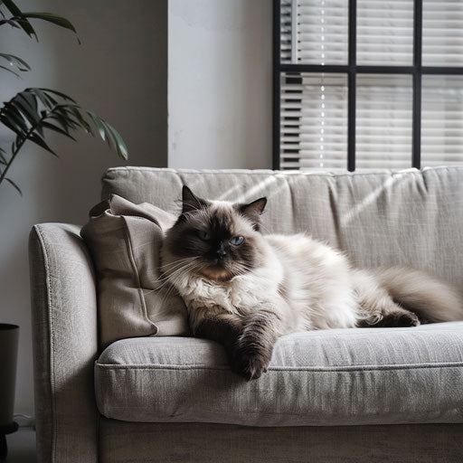 Himalayan cat lounging on a modern minimalist sofa