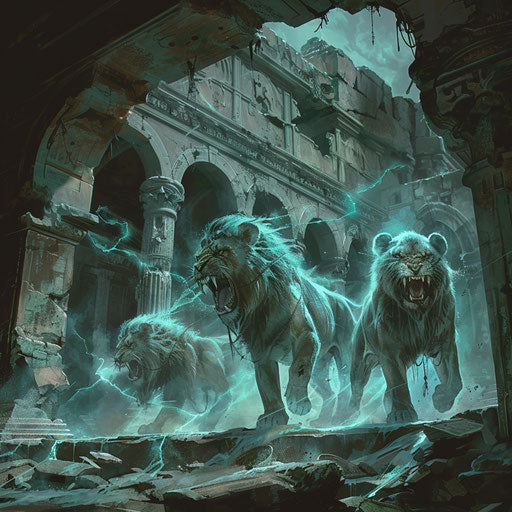 Ghostly lions haunting ancient ruins
