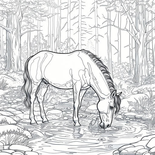 Pony drinking water from a clear stream in the forest