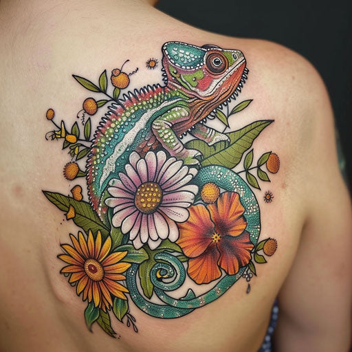 Wildflower tattoo with chameleon, vibrant hues