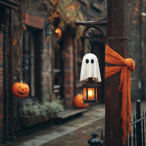A lamppost adorned with an orange ribbon and lantern