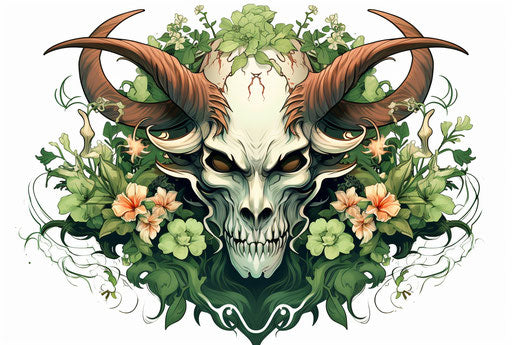 Devil head surrounded by roots and foliage, Japanese style