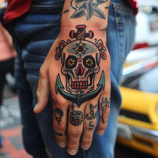 Skull hand tattoo in the style of Sailor Jerry showcasing traditional anchors
