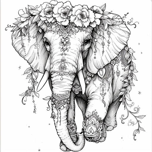 Elegant elephant with floral garlands in Megan Hess coloring style