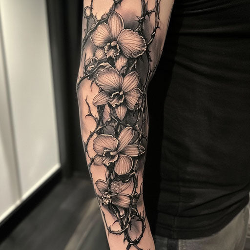 Flower sleeve tattoo with warrior orchids entwined with thorny vines