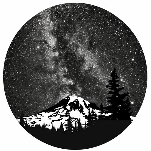 Milky way stars Mt Rainier vector, sticker, black outline, white background