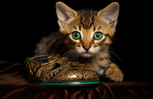 Bengal kitten on a shoe, distinct features style, primitivist frenzy, dark gold and emerald 17:11
