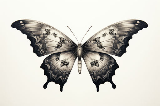 Butterfly wings with a skull, intricate geometric engraving style