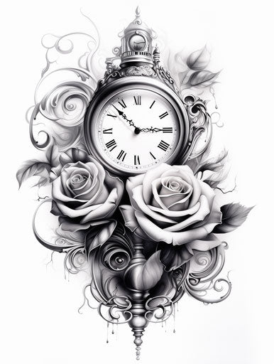 Black and white tattoo with roses and an old clock