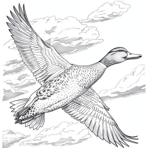 Majestic duck in flight, wings spread against a cloudy sky
