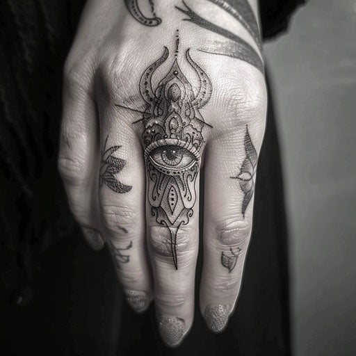 Finger tattoos for women in the style of David Palumbo with dark fantasy elements