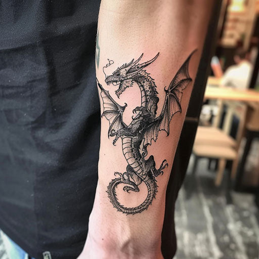 Fantasy dragon wrist tattoo in the style of Gerald Brom