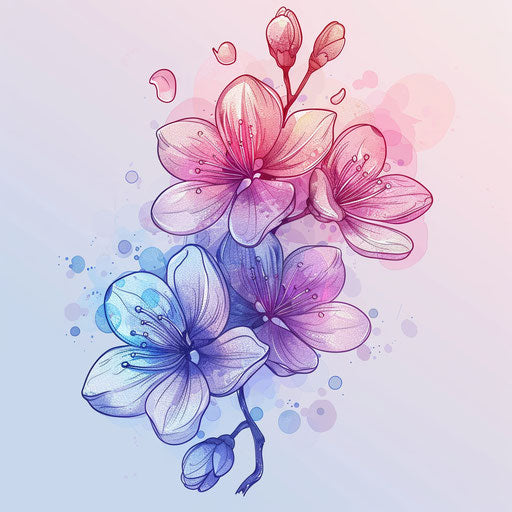 Cherry blossoms with pride-colored petals, delicate flat tattoo sketch