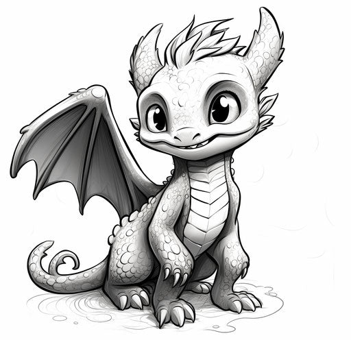 A cute toothless dragon coloring page, shiny eyes style, black-and-white, accurate and detailed