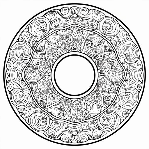 Intricately designed donut with mandala-style patterns. Coloring page