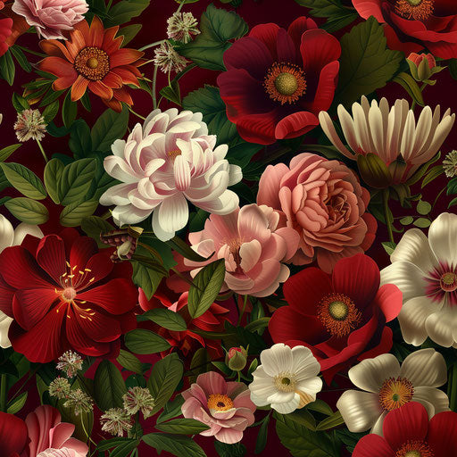 Realistic flower garden on deep burgundy background