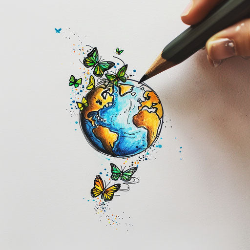 Charming flat tattoo sketch of globe with trail of butterflies, clipart design