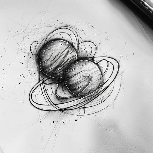 Romantic tattoo sketch of two planets close together with heart-shaped orbits