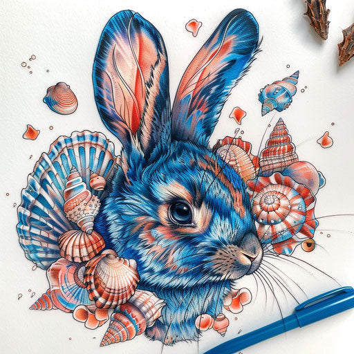 Marine-inspired flat tattoo sketch of a bunny with seashell patterns and ocean blue colors
