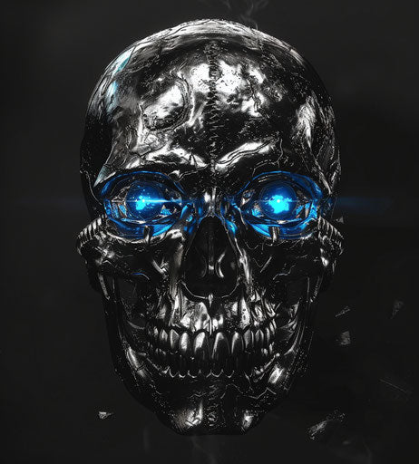 Skull with blue eyes on black background, xbox 360 graphics style
