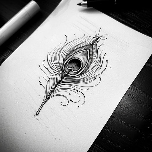 Simple peacock feather tattoo sketch in monochrome palette with a modern twist