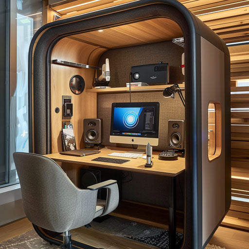 Home office with soundproof booth for video calls, podcasts, music
