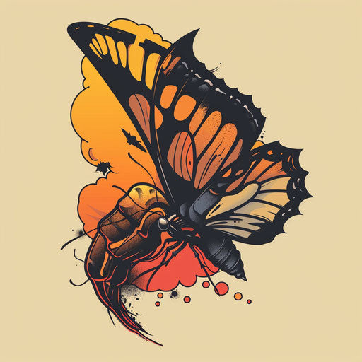 Dynamic butterfly emerging from chrysalis, oranges and yellows, clipart style
