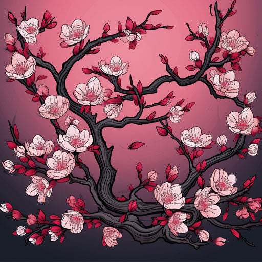 Pink branch of sakura trees with pink blossoms, classic tattoo style