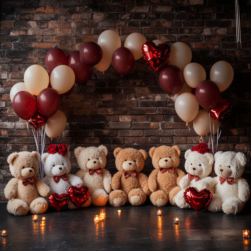 Arch of plush teddy bears with heart-shaped balloons