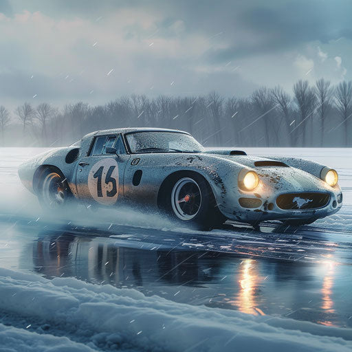Ice racing Shelby Daytona with spiked tires and frost on its body, speeding across a frozen lake