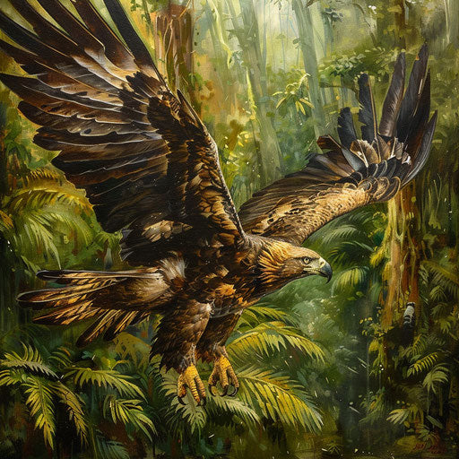 Hawk diving powerfully in dense green forest