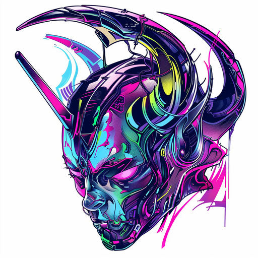 Cyberpunk devil tattoo concept, neon colors on white background