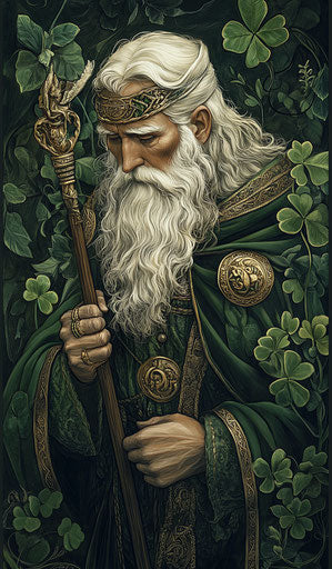 The patron saint in green and silver surrounded by clover and ivy leaves