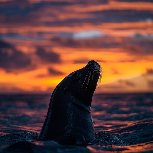 Silhouette of Hawaiian monk seal against vibrant sunset