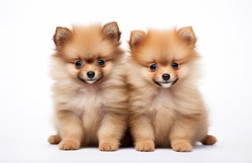 Two little brown pomeranian puppies on white background