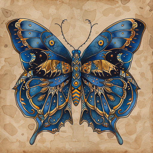 Exotic flat tattoo sketch of a blue butterfly with tribal patterns and rich earth tones