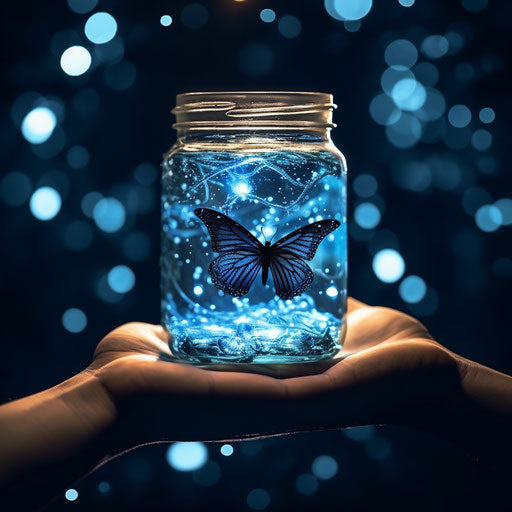 Blue butterfly in a jar with bright background