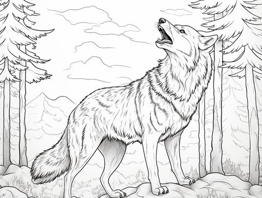 Howling wolf on forest background, realistic style, wood